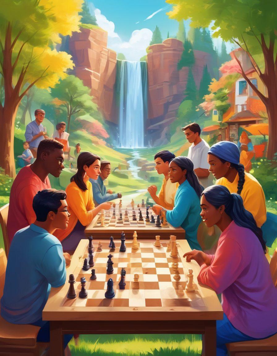 A vibrant and inviting illustration showcasing diverse chess players engaged in animated discussions in a cozy community setting, with chess boards, clubs, and forums in the background. Include elements like chess pieces cascading like a waterfall, symbolizing growth in skills and connections. Capture a sense of camaraderie and enthusiasm. bright colors. friendly atmosphere. vector art.