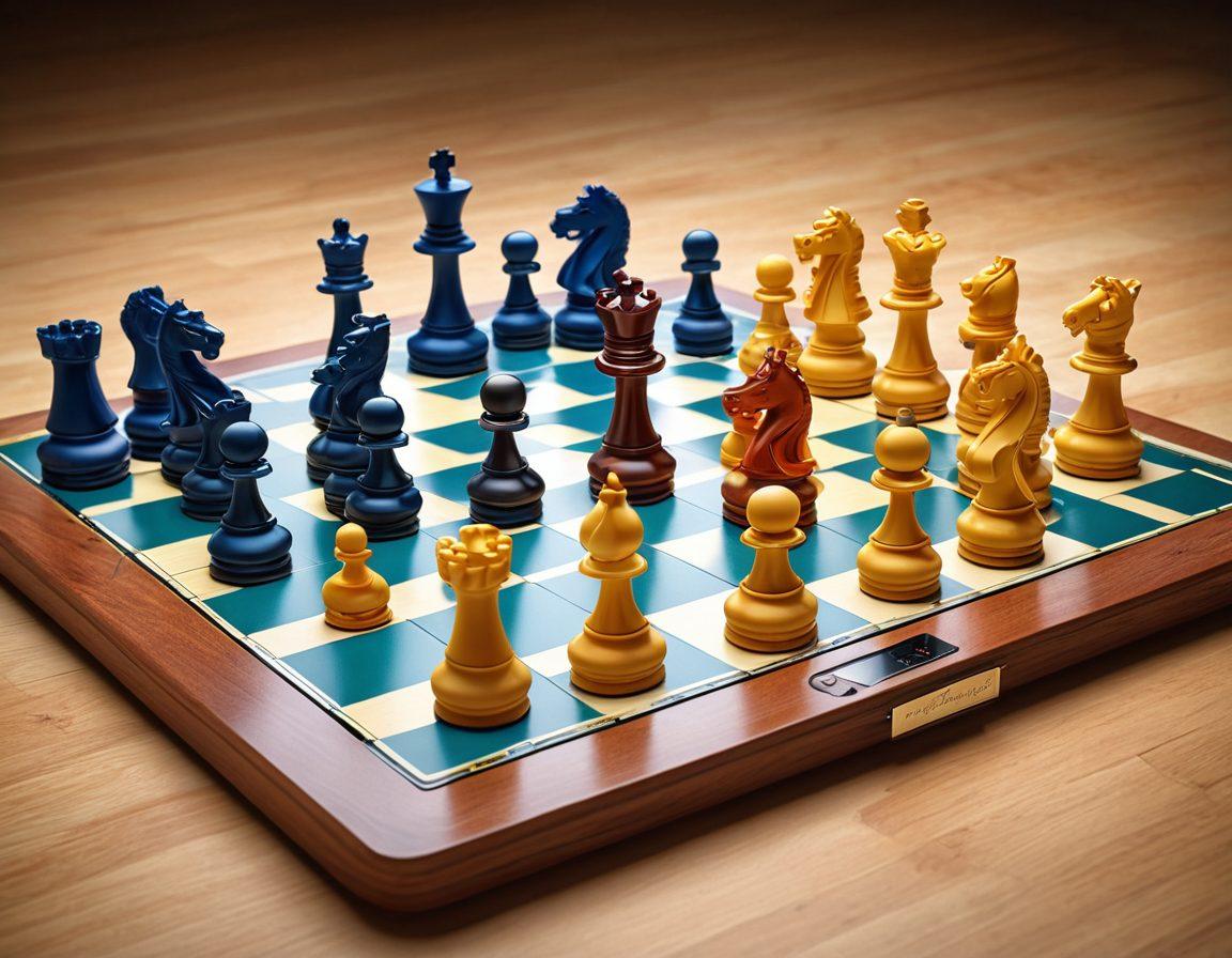 A vibrant chessboard featuring intricately designed chess pieces in mid-game, with a digital tablet displaying interactive chess lessons nearby. Include elements of a tournament setting, such as spectators and trophies, blending in a sense of competition and learning. Use bright colors to convey excitement and engagement. super-realistic. vibrant colors.