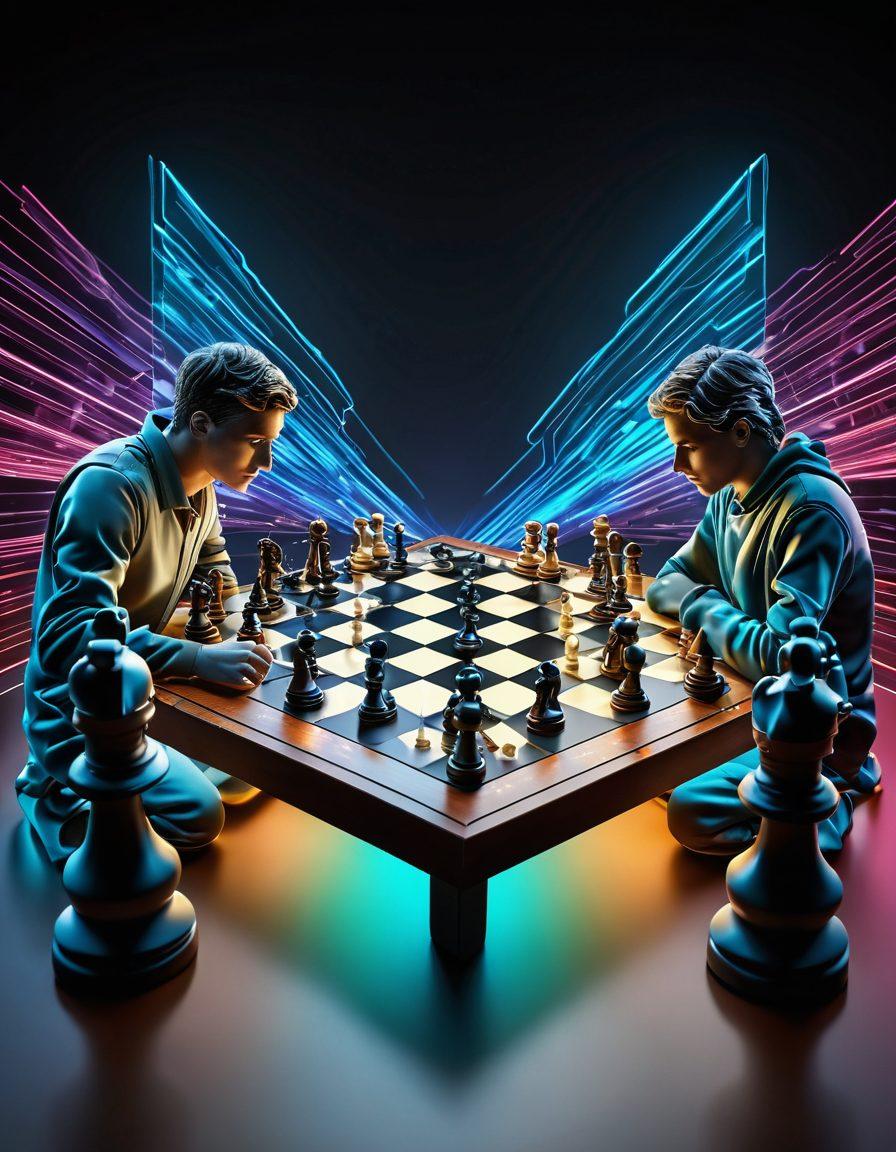 A dynamic chessboard scene featuring an intense game between two players, with focus on their strategic moves illustrated as glowing lines connecting pieces. The background is filled with digital elements representing online play, such as chat windows and notifications. Incorporate a diverse group of chess enthusiasts observing the game, showcasing a sense of community and learning. super-realistic. vibrant colors. 3D.